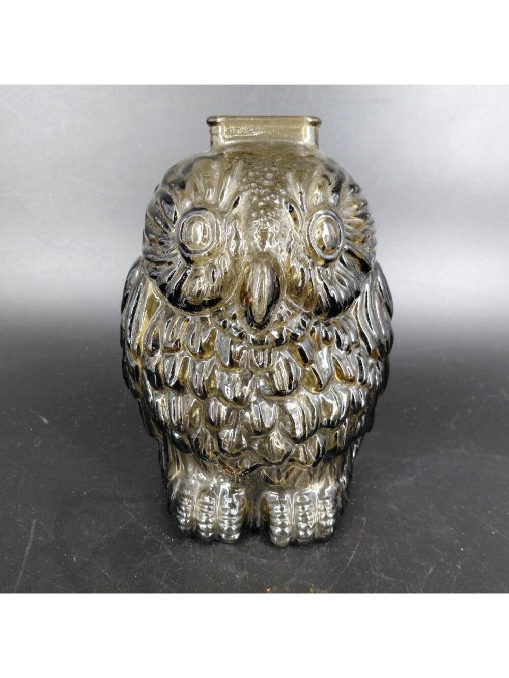 Old Owl Amber Brown Glass Figural Owl Coin Bank Whiskey Bar Advertising Decor
